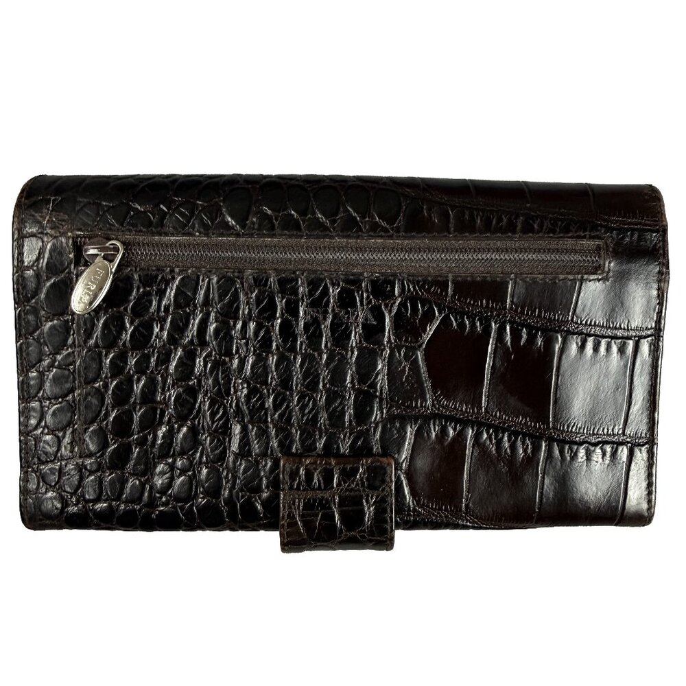 Vintage FURLA Italian Leather Wallet Brown Faux Alligator Zip Clutch Organizer